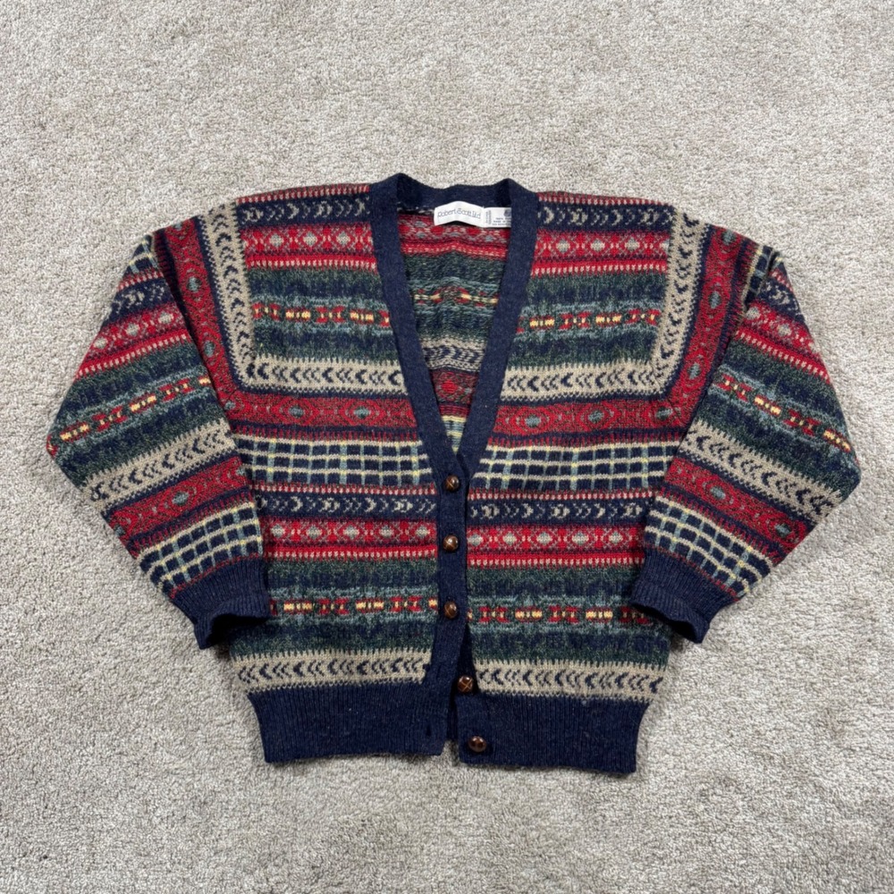 Vintage Robert Scott Ltd Pure Wool Fair Isle Cardigan Sweater Navy Red Small